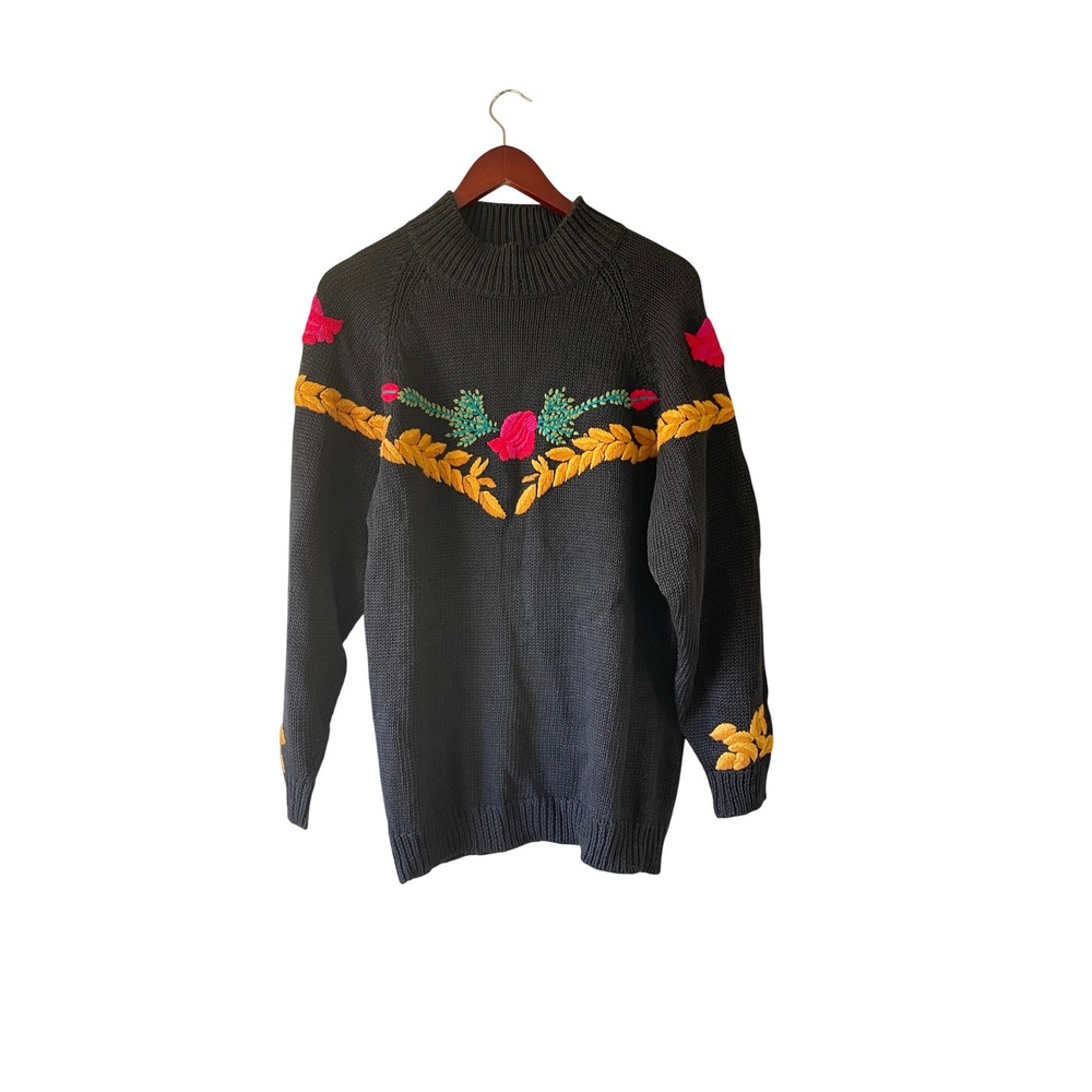 Adrianna Papell Vintage‎ Embroidered Floral Mock Neck Sweater Black Cotton M